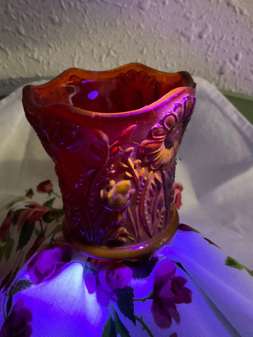 GLOWS Vintage  Red Amberina Peg Votive Holder Textured floral pattern